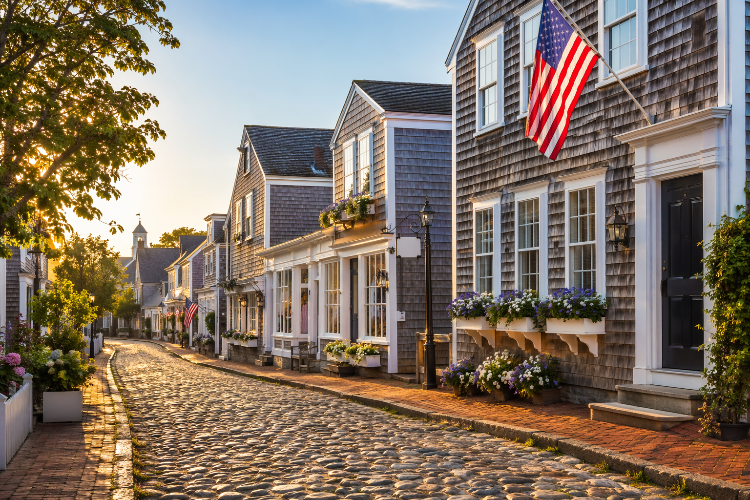 Nantucket Main Street cobblestones and grey-shingled cottages